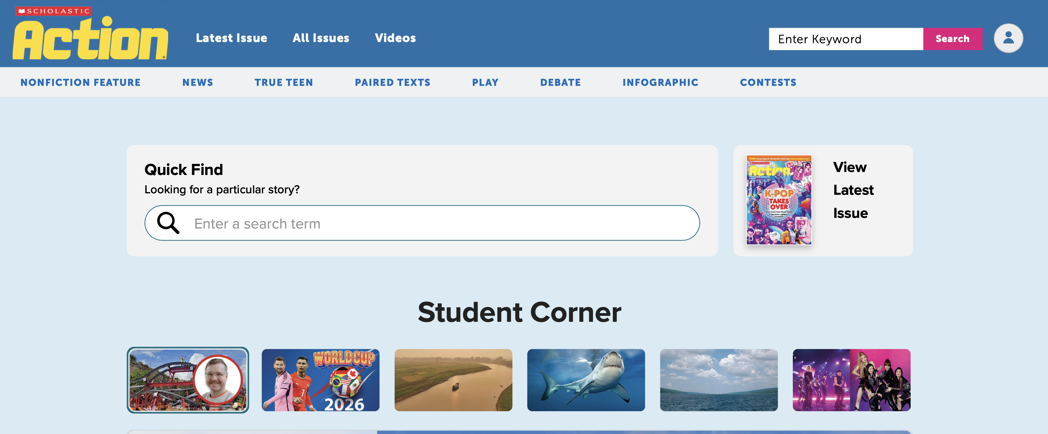 The Scholastic Action magazine website homepage with a search bar and Student Corner section