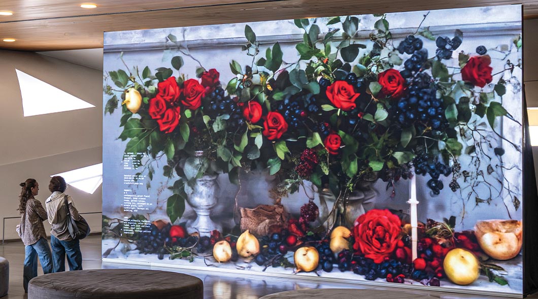 Two people stand before a large display screen that shows roses, grapes, and fruit in a still life arrangement