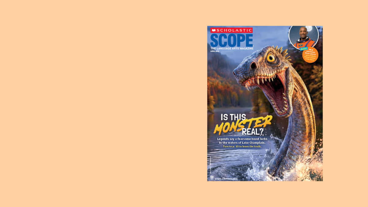 Cover of Scholastic Scope, with a dinosaur-like creature emerging from a lake