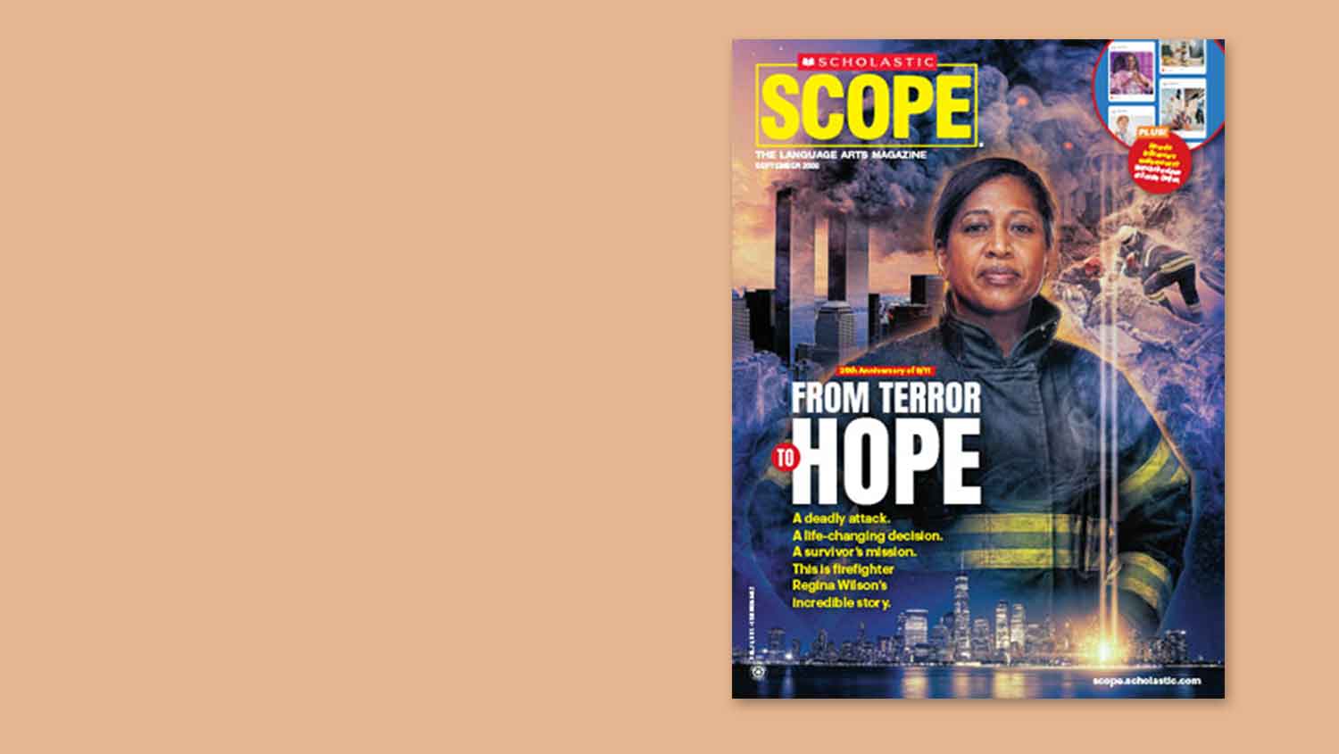 Cover of Scholastic Scope, firefighter Regina Wilson stands before a smoky New York City skyline