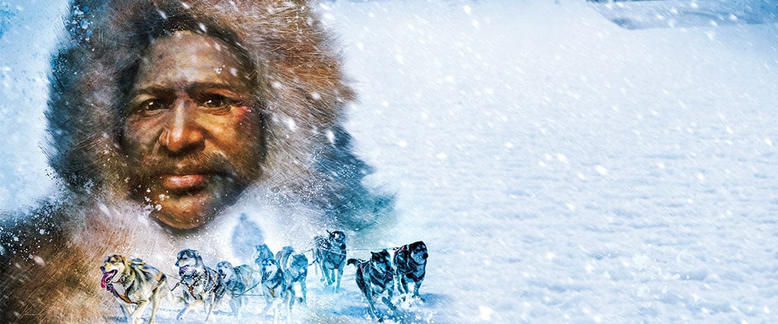 Matthew Henson wears a fur coat as dogs pull a sled during a snowstorm