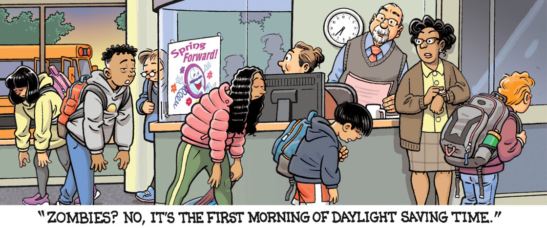 cartoon of kids walking sleepily into school the morning of daylight saving time