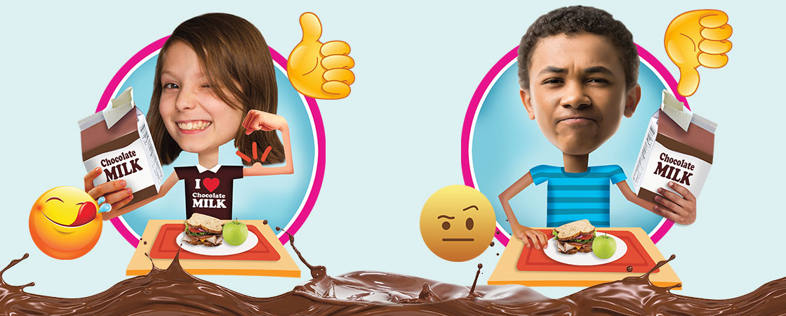 illustration of a smiling girl and a frowning boy with lunch trays holding chocolate milk