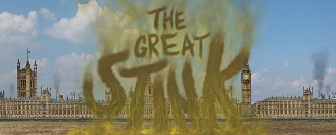illustration of a skyline and a dirty river with text reading The Great Stink