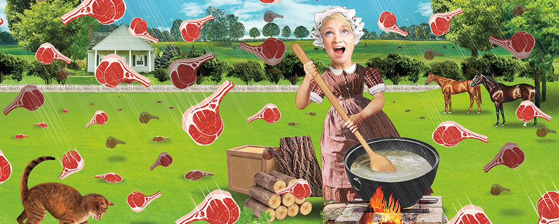 Illustration of a shocked woman stirring a pot with a large spoon as meat rains on her farm