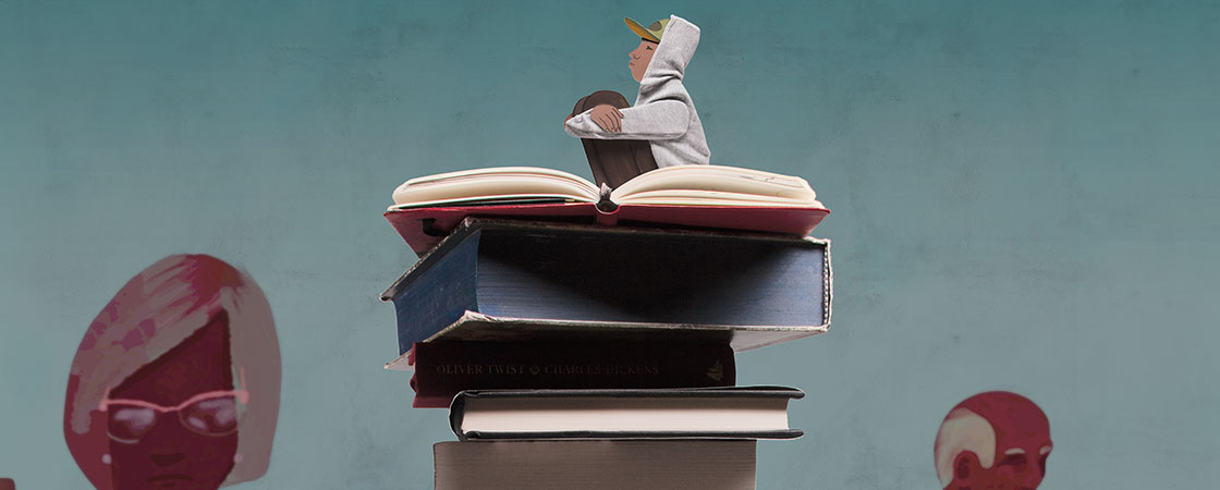 illustration of a boy in a hoodie sitting on top of a stack of books
