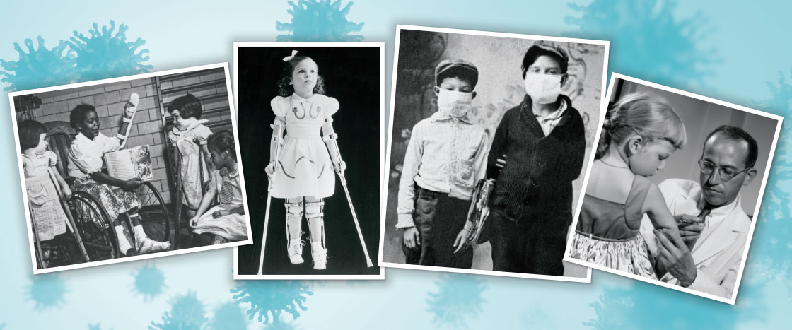 black and white photos of children with medical equipment during the time of polio