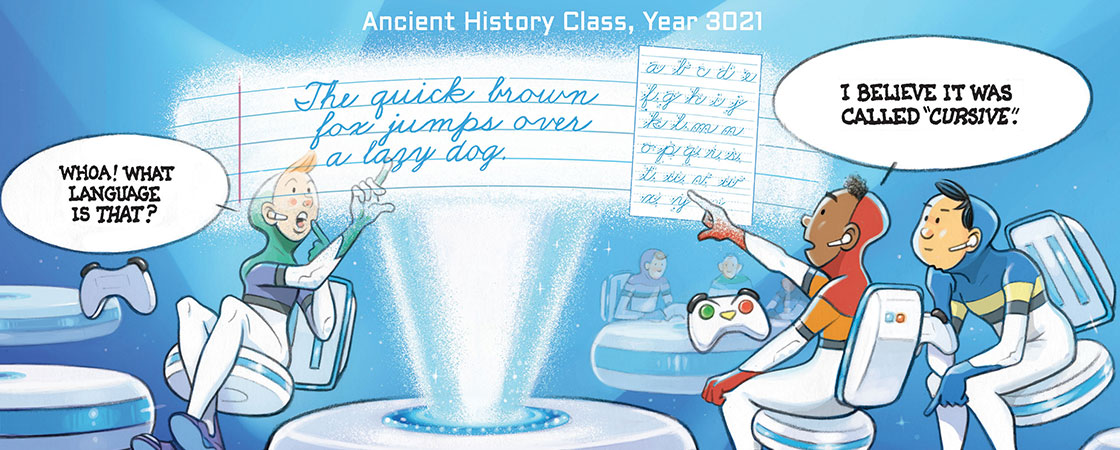 cartoon showing kids from the future confused by an example of cursive writing