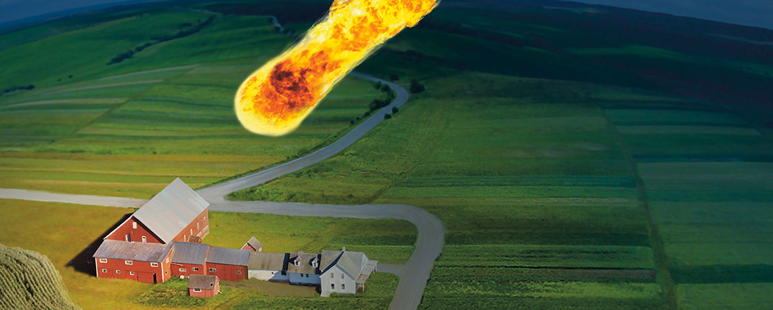 Illustration of a meteor hurtling at a unsuspecting red barn