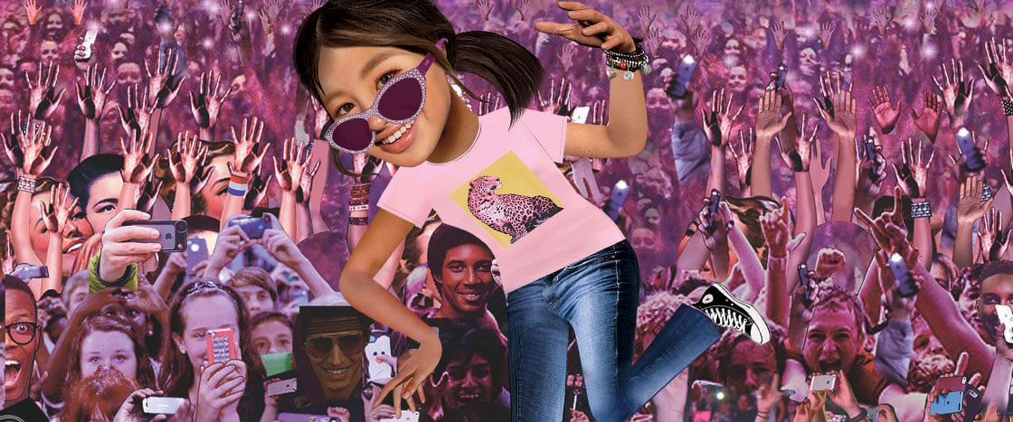 Illustration of a girl wearing sunglass and a pink shirt dancing in front of her fans