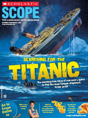 A large ship sinking as a smaller boat floats close by with the text: Searching for the Titanic