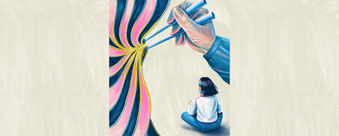 Illustration of chopsticks in front of a colorful background and a girl sitting underneath