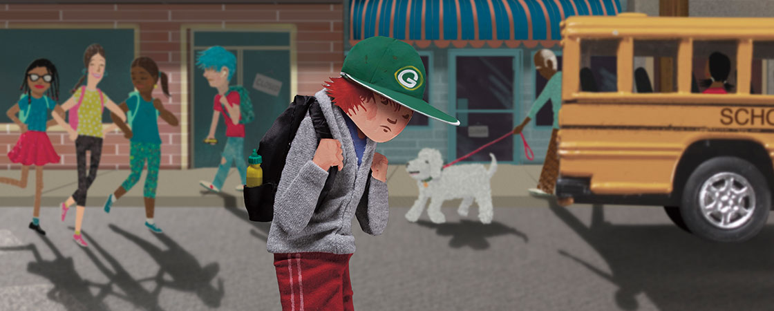illustration of a boy walking sadly in front of a school bus