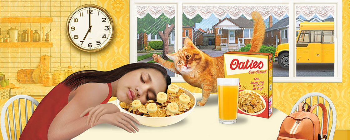 drawing of a girl falling asleep on her cereal while her cat pets her