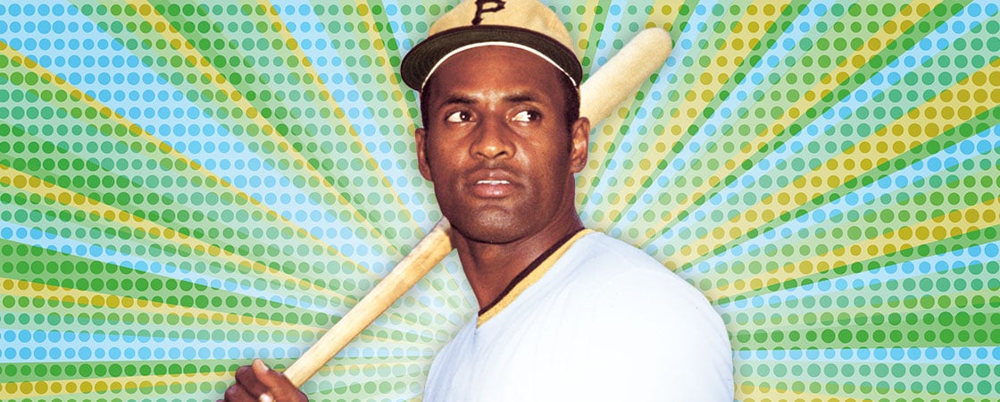 Roberto Clemente wearing a baseball cap and holding a bat in front of a green and yellow background