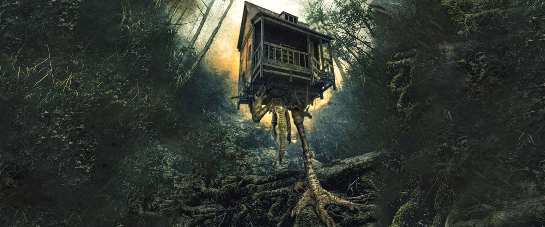 illustration of a forest with a house that&apos;s perched on chicken legs 