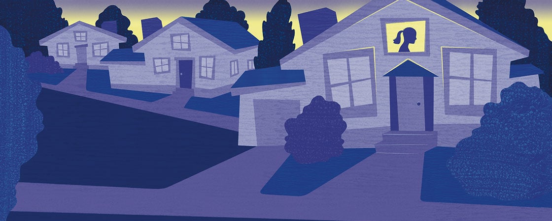 purple illustration of a street full of houses, with a woman in the window of one house.