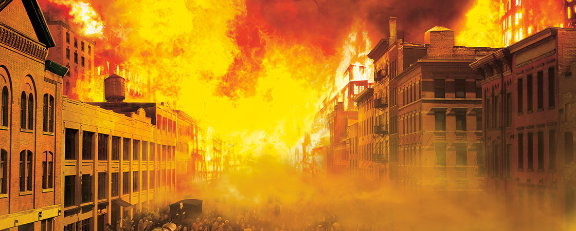 illustration of a city block on fire