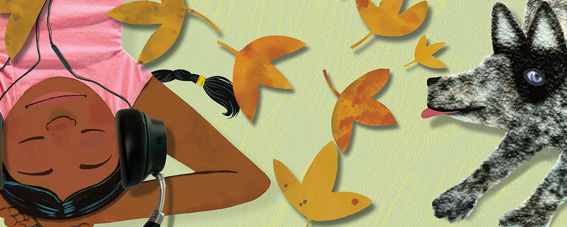 Illustration of a girl with pigtails laying in autumn leaves next to her black and gray dog