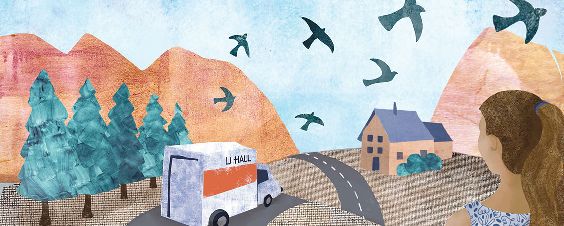Illustration of a moving truck driving down the road towards a house as a girl watches from afar