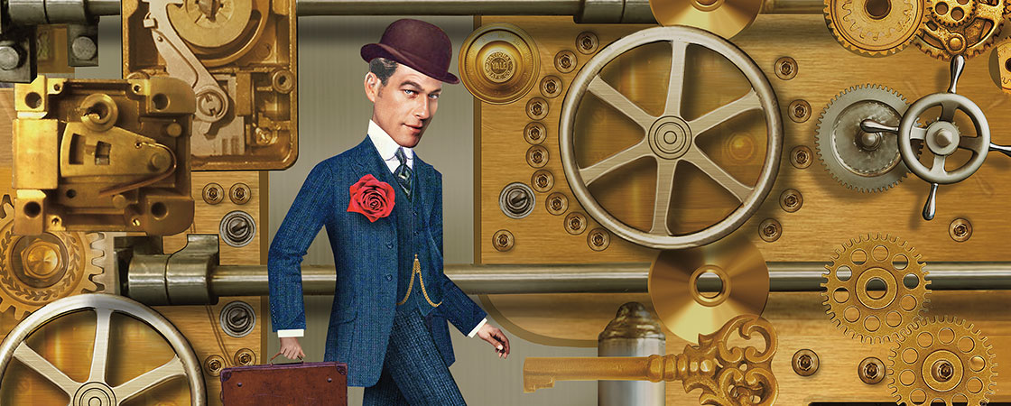 Illustration of a well dressed man in a suit standing among the cogs of a machine