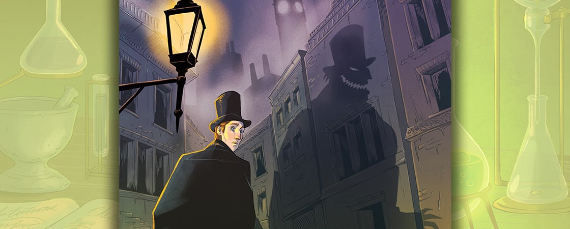 Illustration of Dr. Jekyll and Mr. Hyde in a dark city street