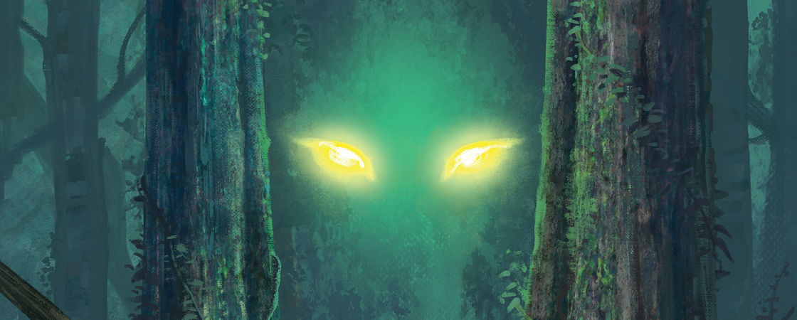 Illustration of glowing yellow eyes between trees in a dark forest
