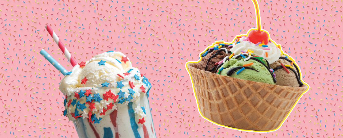 Image of two different ice cream sundaes against colorful sprinkle backdrop