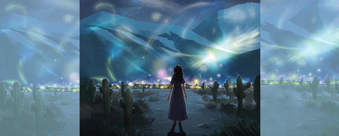 Illustration of a person at night in a desert surrounded by lights
