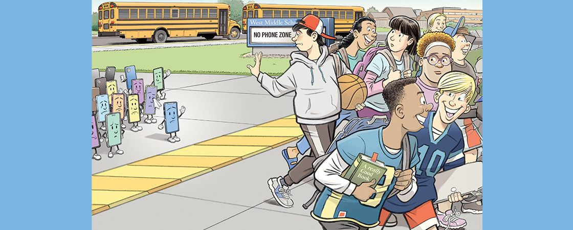 Illustration of students waving goodbye to their phones as they go to school