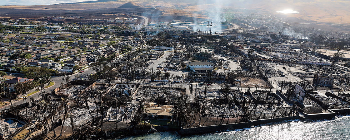 Bird&apos;s eye view of the aftermath of a burned city