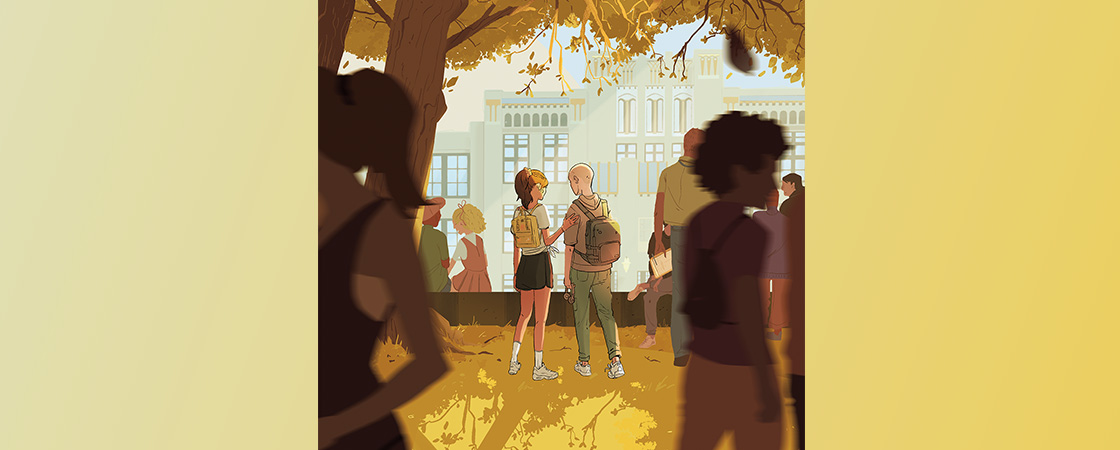 Illustration of students on campus during fall