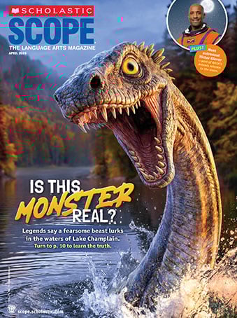 Cover of Scholastic Scope, with a dinosaur-like creature emerging from a lake