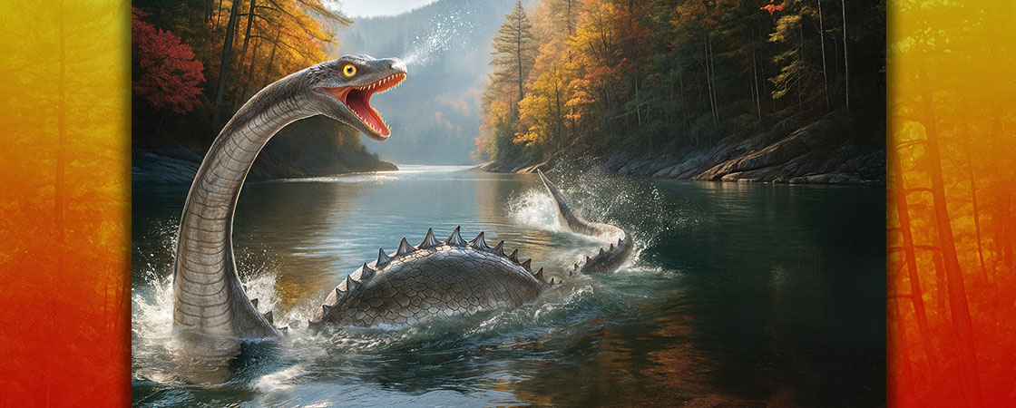 Illustration of a long-necked aquatic dinosaur emerging from a misty lake surrounded by autumn trees