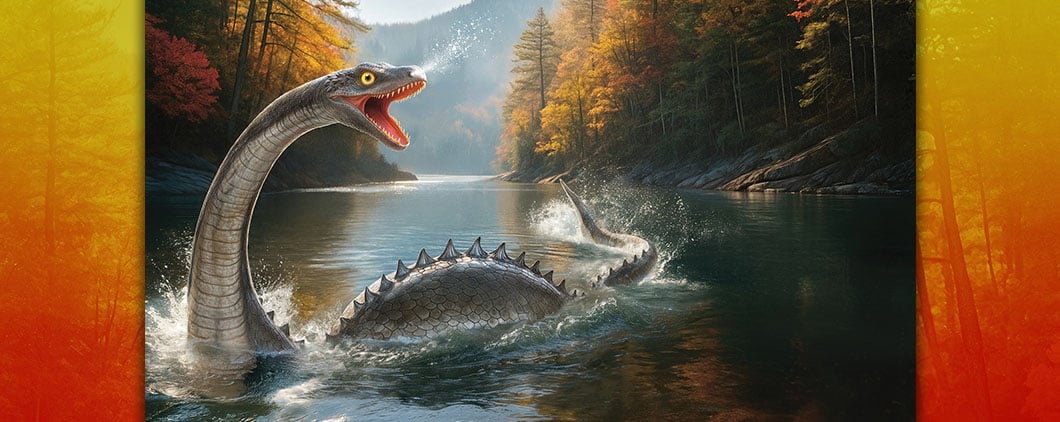 Illustration of a long-necked sea creature with spikes emerging from a misty lake surrounded by autumn trees