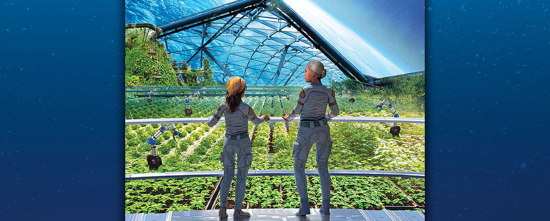 Two people in gray uniforms observe rows of plants in a futuristic greenhouse with robots working