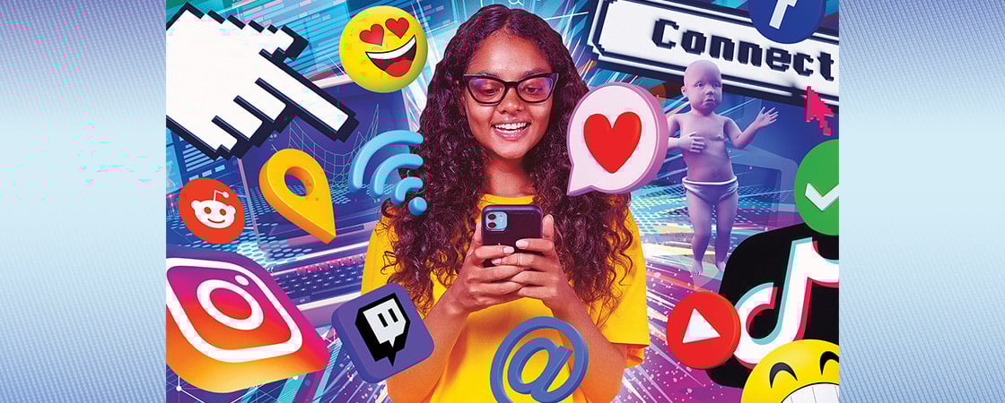 Image of teen using a phone surrounded by apps and emojis
