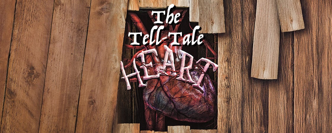 Image of a heart hidden in a wooden floor. Text, "The Tell-Tale Heart"