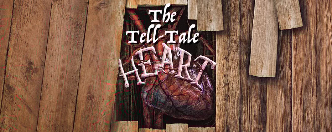 Image of a heart hidden in a wooden floor. Text, "The Tell-Tale Heart"