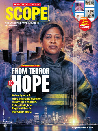 Cover of Scholastic Scope, firefighter Regina Wilson stands before a skyline with smoke