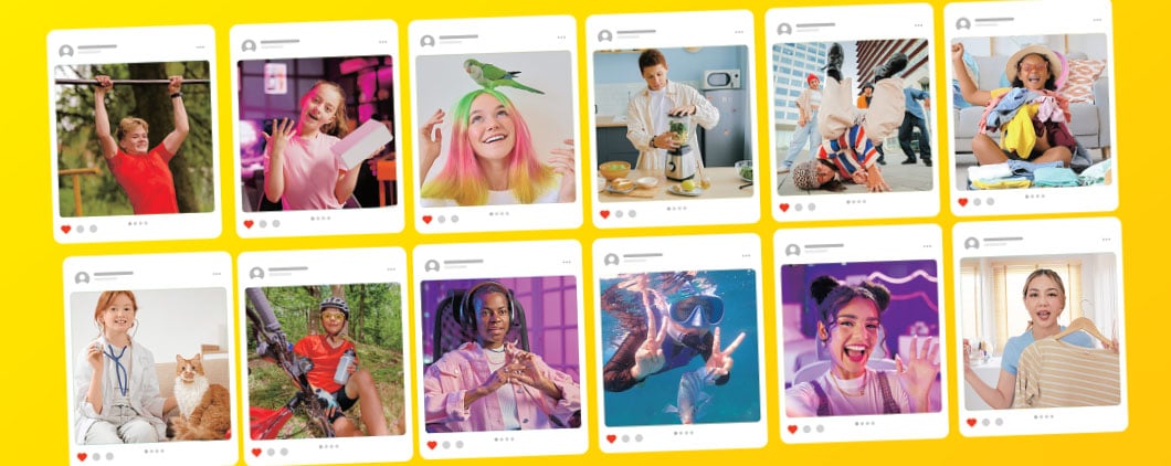 Collage of social media posts featuring children and teens in various everyday activities and hobbies