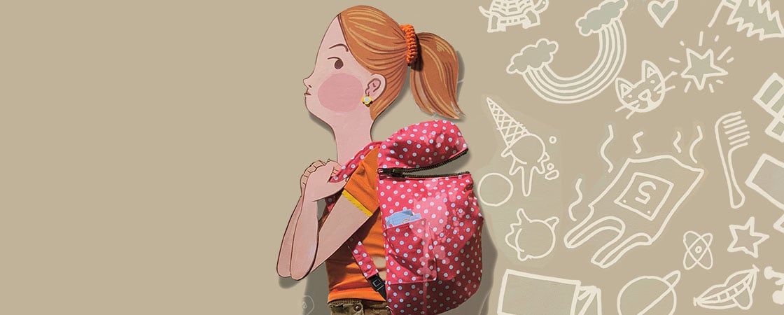 A illustrated girl wears a pink polka-dot backpack against a background of doodles