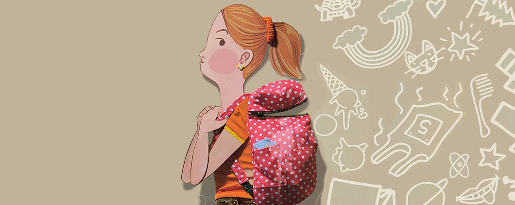 A illustrated girl wears a pink polka-dot backpack against a background of doodles