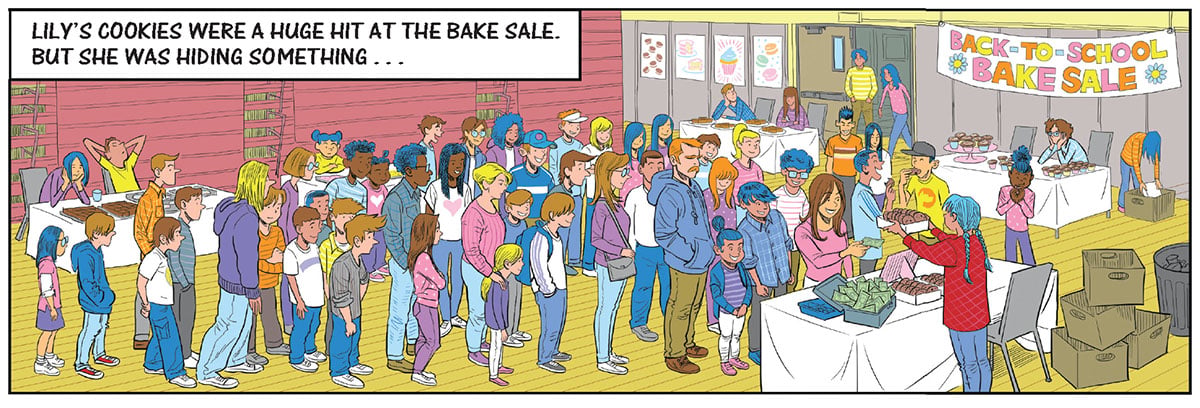 A large crowd lines up at a Back-To-School Bake Sale as Lily sells cookies at a table