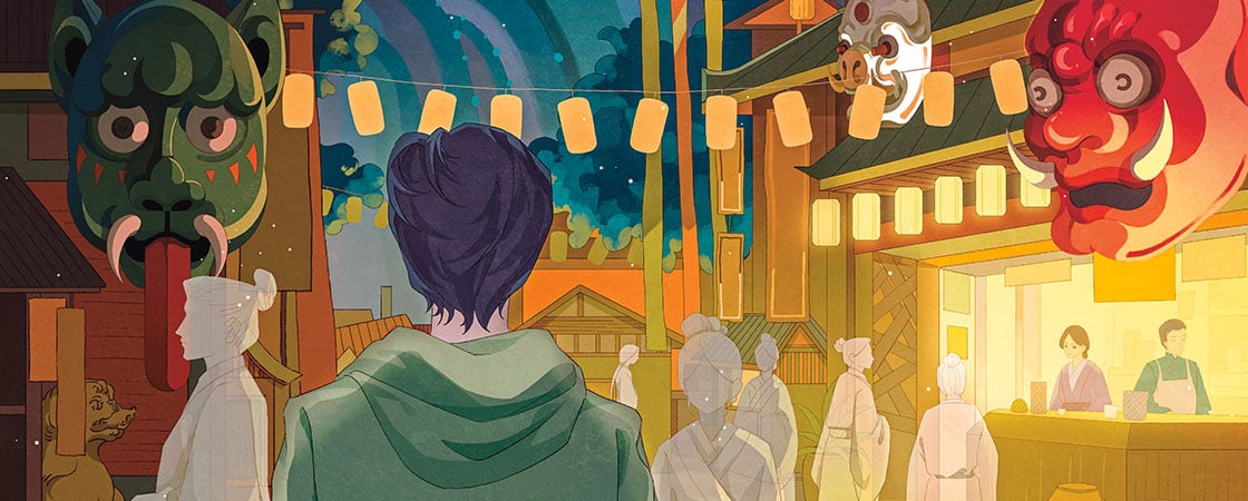 A boy stands at a Japanese festival street lit by paper lanterns, with large traditional masks on either side