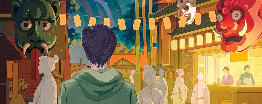 A person stands at a Japanese festival at night, surrounded by lanterns and large demon masks