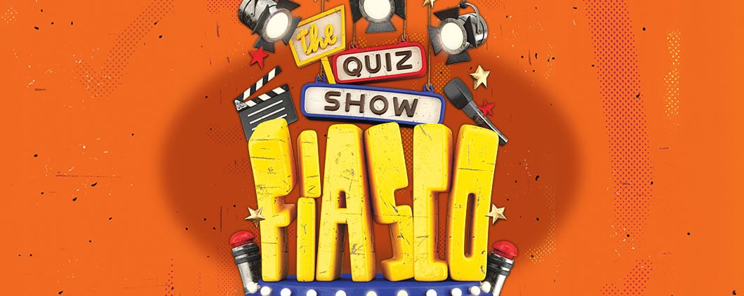 Cover of The Quiz Show Fiasco, bold title with stage lights, microphones, and a film clapperboard