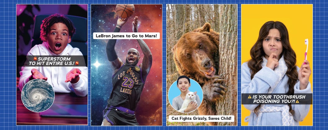 Collage of four sensational fake news headlines featuring dramatic reactions and exaggerated claims