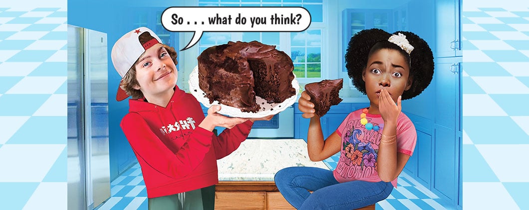 A boy holds a chocolate cake toward a girl who tastes a slice and covers her mouth in surprise