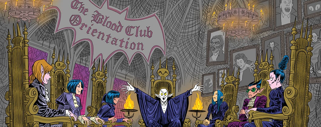 Cover of The Blood Club Orientation, a vampire leads an orientation in a gothic hall with young vampires seated around him